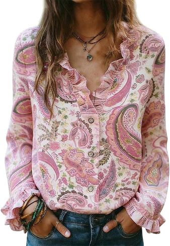 Women's Pink Paisley Floral Print Blouse Ruffled Collar Cuff Long Sleeve Button-Down Shirt Boho Casual Top in Saudi Arabia