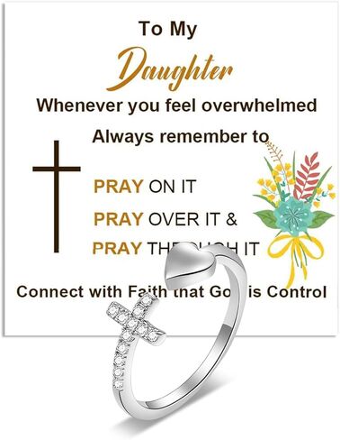 خاتم To My Daughter من أمي 925 من الفضة الاسترليني المتقاطعة، صلي عليه R-Ing لابنتها قابل للتعديل على شكل قلب متقاطع مع بطاقة ملهمة هدايا مسيحية لها in Kuwait