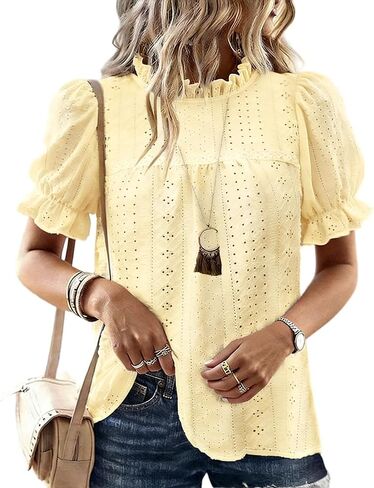 CHICME Women's Elegant Eyelet Mock Neck Puff Sleeve Blouse Casual Summer Hollow Out Embroidered Pullover Top in Saudi Arabia