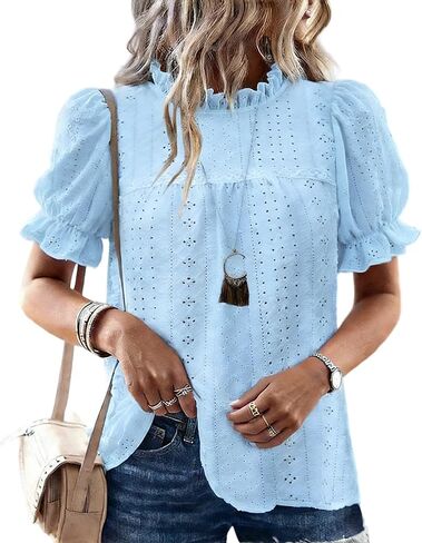 CHICME Women's Elegant Eyelet Mock Neck Puff Sleeve Blouse Casual Summer Hollow Out Embroidered Pullover Top in Saudi Arabia