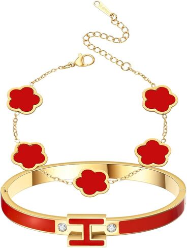 سوار H Bangle & Clover للنساء - مجوهرات الأزياء المصنوعة من الفولاذ المقاوم للصدأ - سوار H مطلي بالذهب عيار 18 قيراط وسوار Lucky Five Leaf Clover - مجموعة أساور أنيقة - هدية للنساء in Kuwait