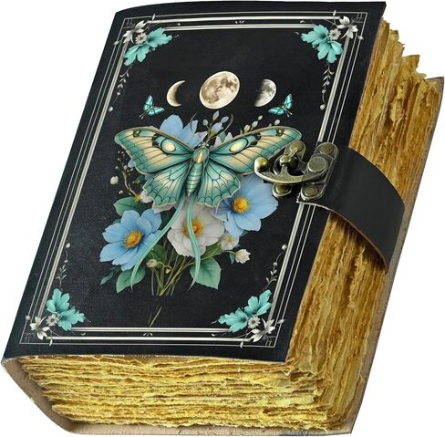 Blank Spell Book of Shadows Journal with Lock Clasp Vintage Handmade Leather Luna Moths and Morpho Butterfly Print Diary Prayer Pagan Witchcraft Supplies Wiccan Decor Notebook Daily in Saudi Arabia