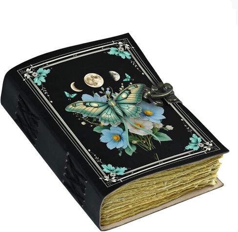 Blank Spell Book of Shadows Journal with Lock Clasp Vintage Handmade Leather Luna Moths and Morpho Butterfly Print Diary Prayer Pagan Witchcraft Supplies Wiccan Decor Notebook Daily in Saudi Arabia