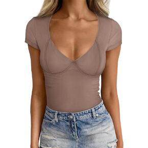 Trendy Queen Womens V Neck T-Shirts Going Out Tops Short Sleeve Slim Fit Basic Y2K Clothes 2024