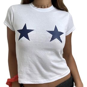 Y2k Cute Star Bow Graphic Print Baby Tees Shirt Women Short Sleeve Fruit Cherry Aesthetic Teens Girl Crop Tops