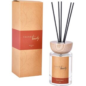 Tranquil Beauty Reed Diffuser with Wood Lid - Flourish Tea Scent Reed Aroma - Floral, Herbal and Slightly Sweet, Rose and Jasmine, 3 Sticks - Modernistic Design and Decorative Fragrance-2.3x4.3in