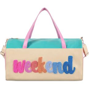 DYSHAYEN Chenille Letter Travel Duffle Bag Large PU Leather Weekender Overnight Bag for Women Carry on Bags Travel Tote（Let's Go）
