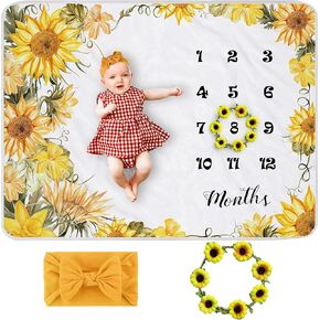 Sunflower Baby Monthly Milestone Blanket Girl, Floral Newborns Month Blanket Gift for Baby Shower, Soft Plush Photo Prop Blanket, Wreath &Headband Included, 45''x40''