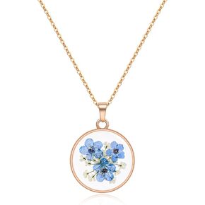Handmade Pressed Flower Necklace - Forget-Me-Not Flowers Symbolize True Love And Respect - Great Gift for Women - Rose Gold Pendant | 18"