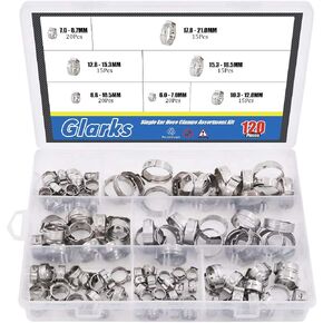 Glarks 120Pcs 7-21mm 304 Stainless Steel Single Ear Hose Clamps Assortment Kit
