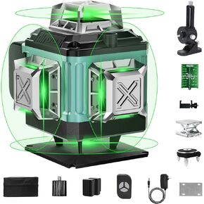16 Lines Laser 360 Level Self Leveling, 4x360° 4D Green Beam Cross Line laser Level for Construction and Picture Hanging with 2 Batteries,Adjustable brightness & Remote Control