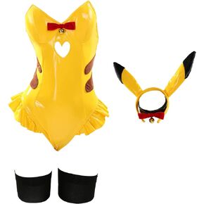 Women's Anime Bunny Cosplay Costume Bunny Girl Yellow Bodysuit and Headband with Tail Stockings