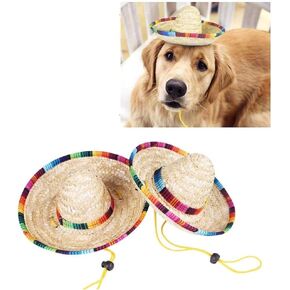 2Pack Handcrafted Pet Straw Hat with Adjustable Chin Strap, Lovely Sun Hat Funny Mexican Party Costume Party Photo Prop Dog Sombrero Hat for Dog/Puppy/Cat/Kitty
