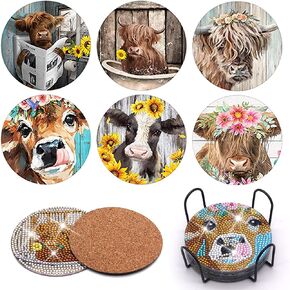 6PCS Diamond Painting Coaster with Holder, Farmhouse Cow Diamond Painting Art Coasters Kit, Highland Cattle DIY Drink Coaster with Cork Base Diamond Art Painting Coasters Kit for Adults Kids Beginners
