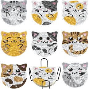 Diamond Coasters Art Painting Kit, 8pcs Diamond Cute Cat Art Coasters with Holder DIY Diamond Crafts Art Supplies for Adults Kids Beginners Beach House Decor (New Cat Style)