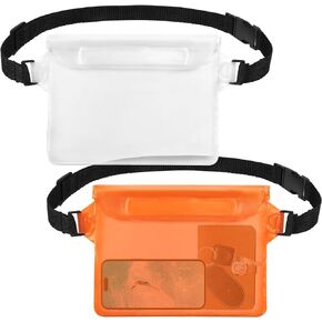2-Pack Waterproof Pouch with Adjustable Waist Strap, Waterproof Dry Bag, Keeps Cell Phones and Valuables Safe and Dry, Perfect for Kayaking, Beach, Camping and Swimming (Orange + White)
