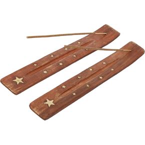 Tuzech Wood Incense Stick Holder Wooden Incense Burner Ash Catcher Incense Holder for Sticks with Inlays of Brass Assorted Styles Simple and Elegant Home Decoration 10 Inches Long Set of 2