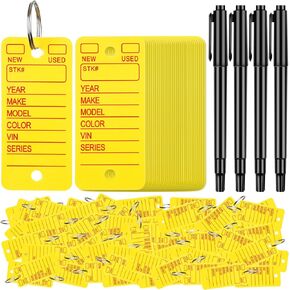 1000 Pieces Dealership Tags Car Key Tags Shop Labels Labeling Tags with Rings and 8 Pieces Pens for Office Car Shop Supplies (Yellow)