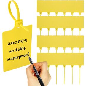200 PCS Plastic Tags for Labeling, Waterproof Tags, Plastic Shipping Labels Tags, Writable Marker Ties, Blank Hanging Tags for Logistics, Luggage Tags, 255mm Total Length (Yellow)
