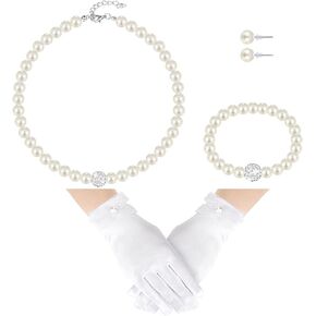 Geyoga 4 Pcs Pearl Necklace Set for Girls Little Girls Tea Party Jewelry White Pearl Earrings Bracelet Sets First Communion Gloves Kit for kids Age 4-12 Years