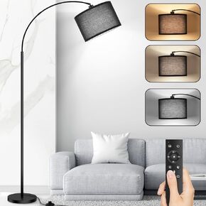 Arc Floor Lamps for Living Room, Modern Remote Control Standing Lamp with Stepless Dimmable, Black Tall Lamp with Gary Drum Shade, Over Couch Arched Reading Light for Bedroom, Office(Bulb Included)