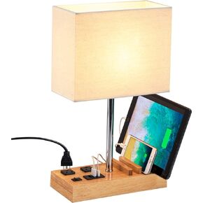 Dreamholder Desk Lamp with 3 USB Charging Ports, Table Lamp with 2AC Outlets and 3 Phone Stands, Nightstand Bedside Lamp with Natural Wooden Base and Cream Linen Shade