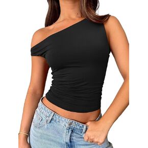 CALEBGAR Off The Shoulder Tops for Women Sleeveless Asymmetrical Going Out Shirts Slim Fit Ruched Crop Tank Tops Y2K Trendy