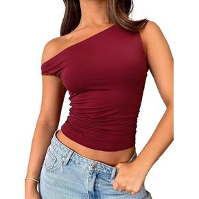 CALEBGAR Off The Shoulder Tops for Women Sleeveless Asymmetrical Going Out Shirts Slim Fit Ruched Crop Tank Tops Y2K Trendy