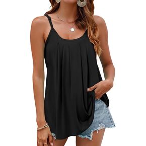 AURUZA Summer Tank Tops for Women Pleated Spaghetti Strap Camisole Loose Fit Casual Scoop Neck Sleeveless Shirts 2024