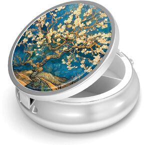 Pill Box, Small Pill Case for Purse & Pocket, Metal Decorative Pill Organizer, Cute Portable Travel Pill Container Holder to Hold Supplements, Vitamins, Fish Oil, BPA-Free(Almond Blossom-Van Gogh)
