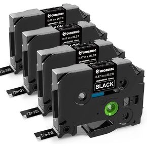 Black Label Tape TZe-335 Replacement for Brother TZe Tz Tape 12mm 0.47 Laminated White on Black TZ335，Work with Brother P Touch PT-D210 D220 H110 D600 Label Maker，4-Pack