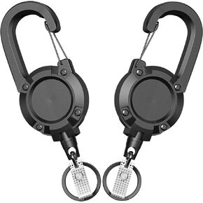 Retractable Keychain Heavy Duty 2 Pack Badge Reels Holder Keychain, Black ID Badge Clip with Upgraded 58cm Stainless Steel Cord ID Strap for Men and Women