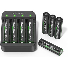 POWEROWL Rechargeable Lithium AA Batteries w/Charger Pro, 3000mWh 1.5V Constant Voltage Double A Battery-Qty 8