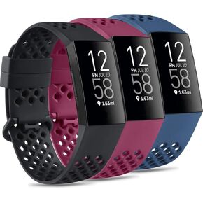 Pack 3 Silicone Bands Compatible for Fitbit Charge 4 / Fitbit Charge 3 / Fitbit Charge 3 SE, Soft Waterproof Breathable Replacement Wristbands for Women and Men (Small, Black+Navy blue+Gray)