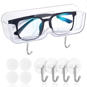 Eyeglass Organizer Glasses Holder Sunglass Storage, Adhesive Rack for Any Shape Of Glass with 4 Adhesive Hooks and Nano(Clear)