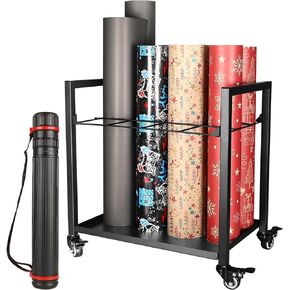 Blueprint Holder with Poster Tube, 12 Slots Christmas Wrapping Paper Organizer Storage, Construction Paper Organizer with Locking Caster Wheels, Large Capacity Vinyl Storage Organizer