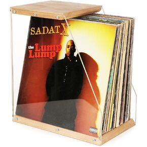 Vinyl Record Storage Holder, Solid Wood Display Rack with Acrylic Board Storage Crate Holds 50+ LPs, Album Desktop Organizer Record Stand for Books Magzines Files