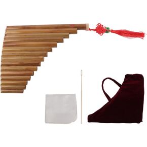 Pan Flute, Natural Bamboo Pan Flute, 15 Pipes Brown Pan Flute G Key Chinese Traditional Musical Instrument Pans Pipe, Woodwind Instrument with Carrying Bag and Cleaning Tool