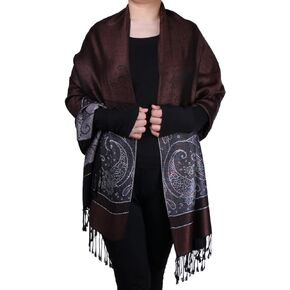 Women Tow Tone Pashmina Reversible Paisley Shawl Wrap Jacquard Scarf w/Fringes