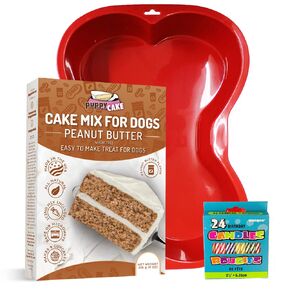 Puppy Cake Mix Dog Birthday Cake Kit, with Bone Silicone Pan and Candles (Peanut Butter, Blue) Made in USA