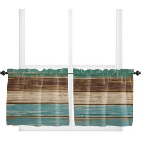Teal Turquoise Window Tier Curtain 24 Inches Long Set of 2 Panels, Retro Rustic Wooden Half Windows Rod Pocket Kitchen Curtains Teal Green Brown Small Kitchen Drapes for Bathroom Cafe 55''x24''
