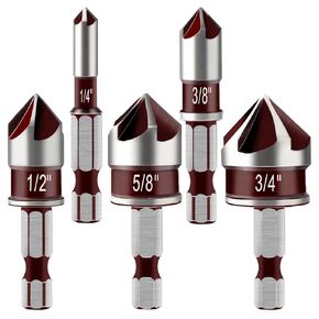 YUENTOEN 5 Pack Countersink Drill Bit Set for Metal, 1/4 Inch Hex Shank Countersunk Bits, 82 Degree 5 Flute,1/4'' 3/8'' 1/2'' 5/8'' 3/4'' with Bit Holder for Metal Wood and Plastic
