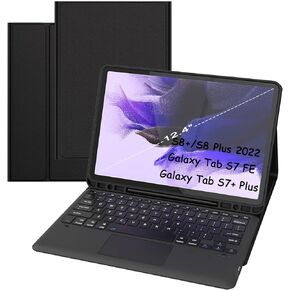 حافظة لهاتف Samsung Galaxy Tab S7 FE / S7 Plus /S8+ 12.4 بوصة مع لوحة مفاتيح - غطاء لوحة مفاتيح لوحية لاسلكية ذكية قابلة للفصل - Tab S7 FE 2021/ S7+ 2020/S8+ حافظة لوحة مفاتيح مع حامل قلم S أسود in Kuwait