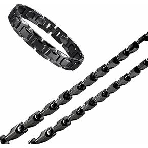 Urban Jewelry Stunning Men's Tungsten 22 Inches Black Toned Link Chain Necklace and Bracelet for Men Polished Puzzle Ceramic Style.