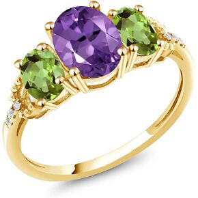 Gem Stone King 10K Yellow Gold Purple Amethyst and Green Peridot Engagement Ring For Women (2.19 Ct Oval Gemstone Birthstone)