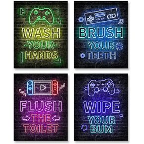 مجموعة ديكور ألعاب فيديو نيون مكونة من 4 قطع (8 × 10 بوصة)، ديكورات غرفة الأولاد للحمام، كلمات مضحكة، لوحة فنية جدارية لألعاب الأطفال الصبيان، ديكور جداري للاعبين، حمام صبي في سن المراهقة، بدون إطارات (4 عبوات) in Kuwait