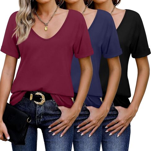 3 Pack Women's V Neck Shirt, Summer Rolled Sleeve Solid Tops Casual Loose Tees Lightweight Basic Soft Tshirt in Saudi Arabia