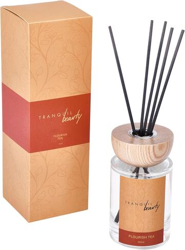Tranquil Beauty Reed Diffuser with Wood Lid - Flourish Tea Scent Reed Aroma - Floral, Herbal and Slightly Sweet, Rose and Jasmine, 3 Sticks - Modernistic Design and Decorative Fragrance-2.3x4.3in in Saudi Arabia