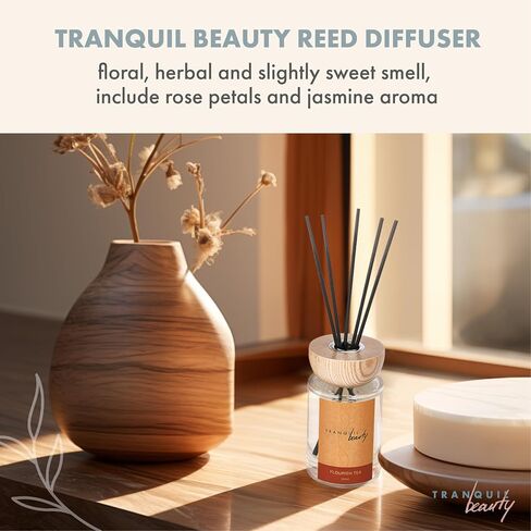 Tranquil Beauty Reed Diffuser with Wood Lid - Flourish Tea Scent Reed Aroma - Floral, Herbal and Slightly Sweet, Rose and Jasmine, 3 Sticks - Modernistic Design and Decorative Fragrance-2.3x4.3in in Saudi Arabia