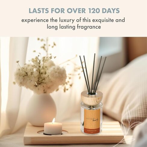 Tranquil Beauty Reed Diffuser with Wood Lid - Flourish Tea Scent Reed Aroma - Floral, Herbal and Slightly Sweet, Rose and Jasmine, 3 Sticks - Modernistic Design and Decorative Fragrance-2.3x4.3in in Saudi Arabia
